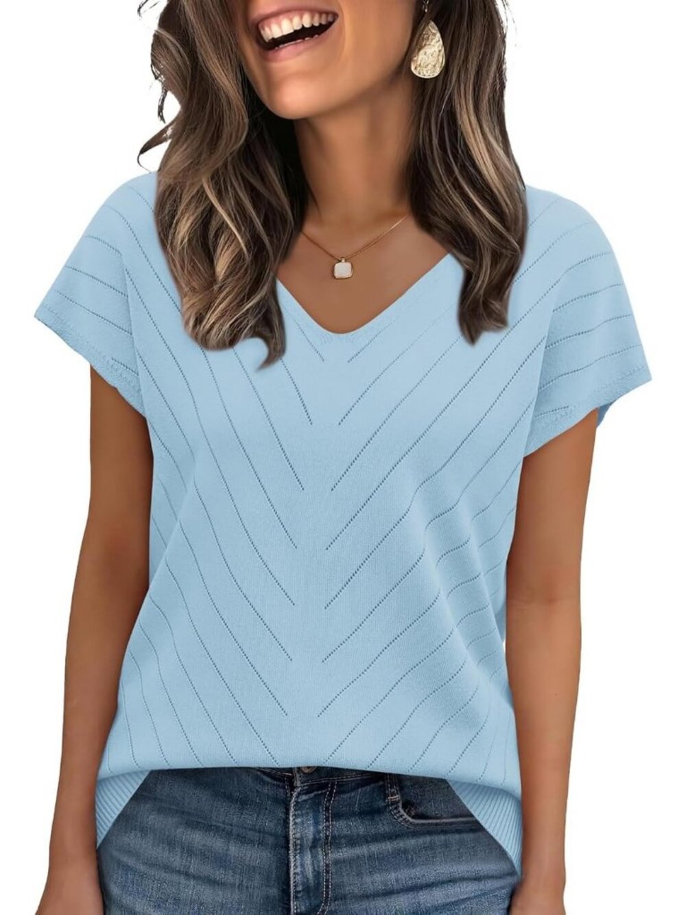 Women's L Blue Trendy Summer Tops Sweater Pullover V-Neck Pull On Short Sleeve